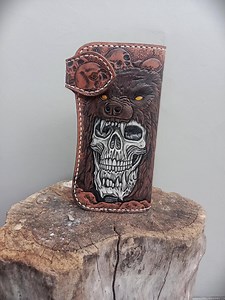 Hand Carved Skulls Leather Long Wallet, Biker Tooled Skulls Custom - Etsy Canada