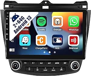 CAMECHO 2GB RAM+64G ROM Android 13 Car Stereo for Honda Accord 7th 2003 2004 2005 2006 2007, Built-in Wireless Carplay Android Auto WiFi GPS HiFi FM RDS+AHD Backup Camera