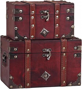 [Hot Item] Set of 2 Vintage Treasure Chest, Wooden Pirate Treasure Chest Boxes, Decor Storage Box Trunks for Jewelry Keepsakes, Coin Collection, and Home.