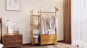 Clothing Rack with Shelves,Bamboo Clothes Rack,Ntural Clothes Rack Hanging,Drawers Hanging Racks,Garment Racks for Entryway Guestroom Bedroom(31.5inch Width Natural)