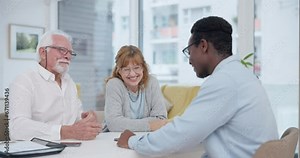 Senior, couple and handshake for financial planning and investment at a meeting. Finance, shaking hands and agreement deal for accounting and retirement budget for income savings with thank you