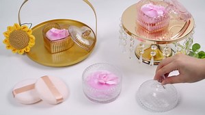 4 Pieces Large Body Powder Puff and Container - Dusting Powder Container with Puff, Crystal Glass Case with Puff Soft Velour Washable Wet Dry Makeup (Clear Snowflake)
