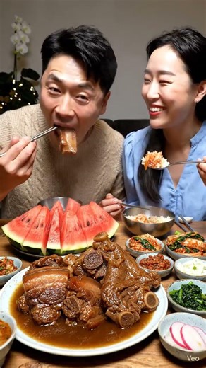 family -style Korean home meal featuring braised pork belly with huge sheep meat and watermelon