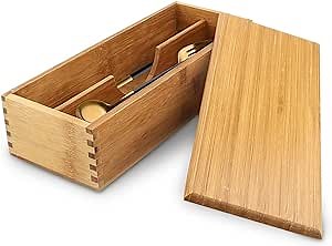 LIZEALUCKY Chopsticks Box Bamboo Storage Box Tableware Spoon Cage Bamboo Storage Box Utensil Holder With Divider and Lid Drawer Flatware Organizer