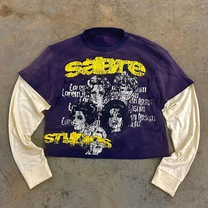 [Hot Item] Custom Screen Print T-Shirt Cotton Ripped Distressed Stone Vintage Acid Wash Double Layer Long Sleeveless T Shirt