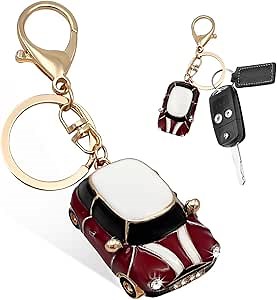 povtii Car Key Chain, Rhinestone Detail 3D Cute Car Model Keychain, Mini Cooper Metal Key Chain with Ring, Car Accessories (Dark Red)