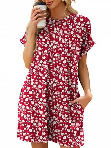 TEMOFON Womens Summer Dresses Crew Neck Short Sleeve Casual Flowy Sundresses Button Floral Midi Dress with Pockets