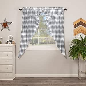 VHC Brands Sawyer Mill Plaid Cotton Farmhouse Curtains Rod Pocket Drawstring Ties Prairie Panel Pair, Blue