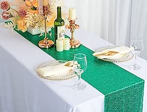 DUOBAO Table Runner 14x72-Inch-Wedding Table Runners Green Sequin Runner for Cake Table Bridal Shower Decorations Graduation Party Supplies(1, Green)