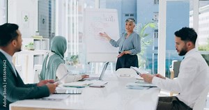 Senior woman, leader presentation and business meeting with kpi marketing documents, team management and data analytics in office. Mature female, leadership coaching and employees planning strategy