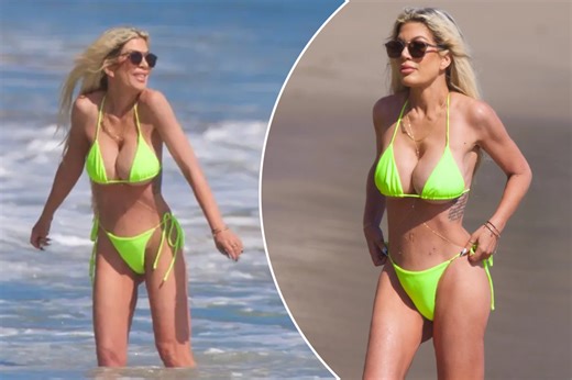 Tori Spelling, 51, shows off figure in neon green bikini after admitting to using weight loss drugs