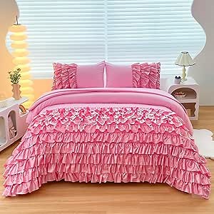 Princess Ruffle Comforter Set Queen Szie, 5 Pcs Bed in a Bag Bling Shiny Sequin Ruffle Pink Bedding Set with Sheets for Girls/Woman