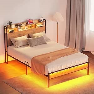 KKL Full Size Bed Frame with Headboard, RGB LED Strip Light with Charing Station, 2 USB & 3 AC, Sturdy and Stable, No Noise, No Box Springs Needed, Rustic Brown