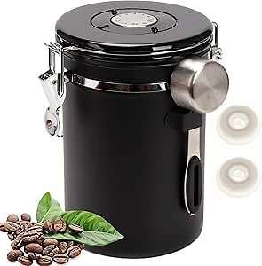 SUEIANNMN1.8L Coffee Canister Airtight, 26oz Coffee Storage Container Stainless Steel Air Tight Coffee Jar with Scoop, Date Tracker, 2 Extra CO2 Release Valve for Beans Ground Tea Flour Sugar (Black)