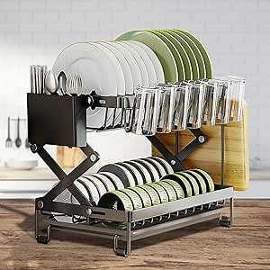 Dish Drying Rack, Dish Drainers for Kitchen Counter, 2 Tier Dish Rack with Drain Board, Stainless Drying Rack for Kitchen, Dish Racks for Kitchen Counter, Knives, Spoons, and Forks, Metel
