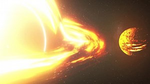 Glowing large Black hole pulling disintegrating star in deep space 3D rendering of large Black Hole pulling Planet, 2023