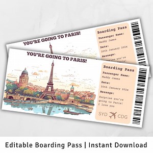 Boarding Pass Paris, Surprise Trip to Paris, Surprise Boarding Pass Template, You're Going to Paris, Printable Boarding Pass, Flight Ticket - Etsy Canada