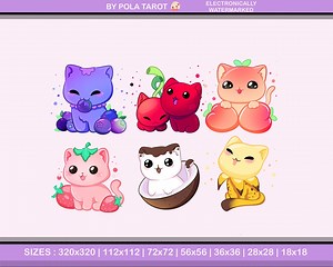 Cat Badges and Discord Stickers or Twitch Bits for Stream and Chat | Fruits : Peach Strawberry Banana Coco Blueberry Cherry - Etsy