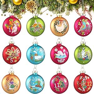 Bucherry 12 Pcs 12 Days of Christmas Ornaments Set Glass Christmas Ball Ornaments 2.36 Inch Colorful Xmas Twelve Days of Hanging for Home Window Outdoor Garden Tree