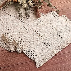 BINBE Boho Crochet Macrame Table Runner, 71 in Beige Cotton with Tassels