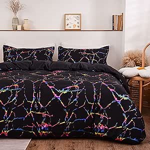 A Nice Night Marble Comforter Set, Gold Metallic Colorful Foil Print Glitter Bedding Set (Queen,Black)