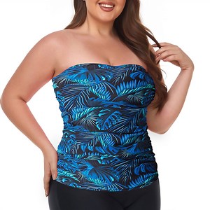 Ocean Blues Women's Plus Size Bandeau Tankini Top Only Strapless Ruched Swimsuits Top Molded Cups Tankini Bathing Suits for Women 4XL