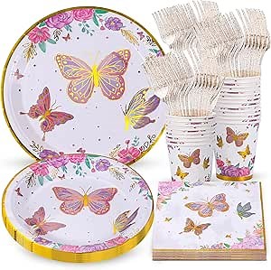 Atonofun Butterfly Party Supplies - Plates, Cups, Napkins, Forks & Decorations for Baby Showers, Birthdays - Serves 24
