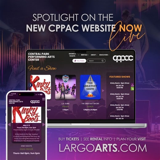 The Central Park Performing Arts Center just launched its refreshed website — explore the new experience now at LargoArts.com. ✨ What’s New: ✔️ Easier performance browsing ✔️ Improved navigation ✔️ Enhanced accessibility ✔️ Sleek new style Check out the refreshed website at LargoArts.com and stay connected with the arts in Largo. | Central Park Performing Arts Center