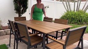 Aluminum Outdoor Dining Set for 6, Patio Table and Chairs Set with Umbrella Hole, 7 Pieces HDPS Outdoor Furniture Sets for Patio, Garden (White & Teak)