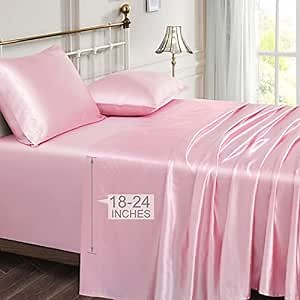 Vonty Satin Sheets Extra Deep Pocket California King Sheet Set - Cooling & Silky Satin Cal King Sheet with 18-24 Inch Deep Pocket, Pink Satin Bed Sheets Fit Up to 24" Deep Matress - 4 Piece
