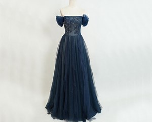 Navy Blue Prom Dress, Long Prom Dress, Prom Dresses With Tulle Straps, Prom Gown With Pleated Skirt, Prom Dress With Sheer Beading Bodice - Etsy