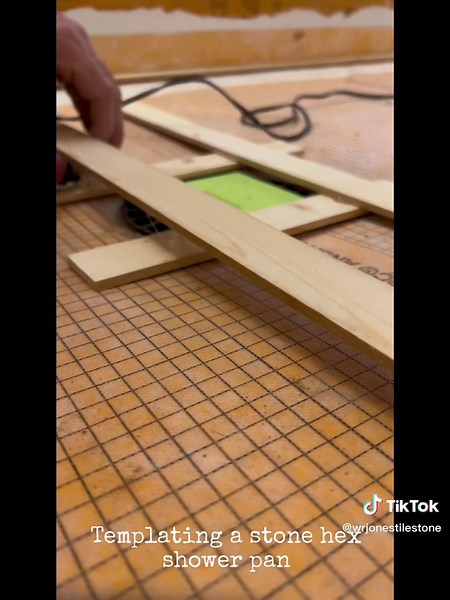 #wrjonestilestone #schluter #flofxdrain #marblehexagon #showerpan #templating