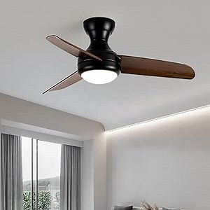 Ceiling Fan with LED Light 36" Small Flush Mount Ceiling Fan Remote Control, Dimmable Indoor Outdoor Quiet DC Motor for Bedroom Kitchen Patio