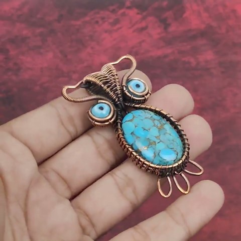 Handmade Copper Owl Pendant: Turquoise & Evil Eye Stone - Etsy