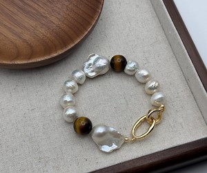 Baroque Pearl & Tiger’s Eye Bracelet With 14K Gold Clasp - Etsy Australia