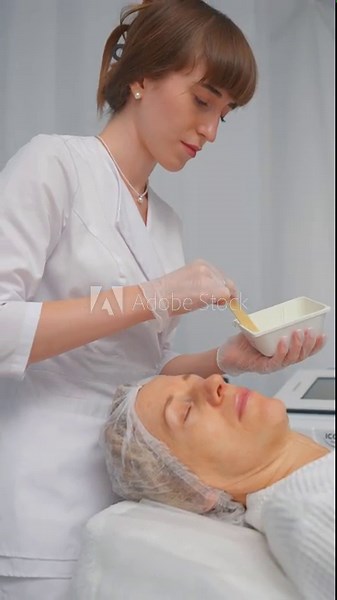 Adult Woman Getting Fractional Microneedle RF Face Lifting Procedure in Beauty Salon. Concept Hardware Antiaging Procedure and Cosmetology. Skin Care and Cosmetic Procedures. Vertical Video