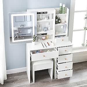 Makeup Vanity Desk with LED Lights and Mirror, White Dressing Table with Shelves, Makeup Table with 6 Drawers for Bedroom, Makeup Vanity with Light for Girls