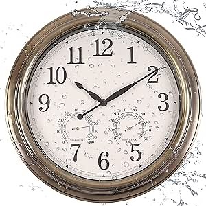 16 inch Outdoor Metal Wall Clock, Temp & Humidity, Silent Garden Bathroom Patio