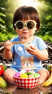 Cute Baby Eats Dim Sum on Railway Track 😍🍉 | Viral Baby Art