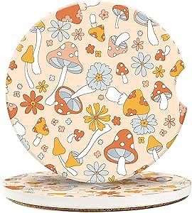 Amazon.com: Absorbent 2 Pack Car Coasters for Women,Car Coasters for Cup Holders,2.56" Ceramic Stone Car Holder Coaster with Finger Notch & Cork Base, Retro Floral Hippie Mushrooms : Home & Kitchen