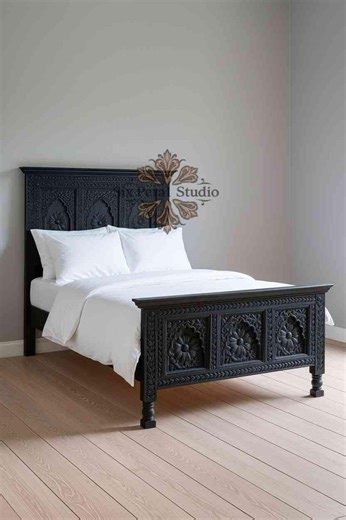 Hand-carved Solid Wood Bed Frame, Black Panel Floral Headboard, Vintage Heritage Luxury Bed - Etsy