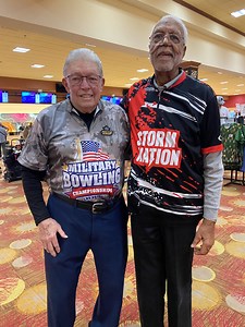 Clint Sloan of Vacaville, California was presented with the first ever Bob Hart Award by Bob Hart himself at the 2024 January Military Tournament in. Mr. Sloan has been a squad organizer for the Military Tournament for 18 years. | Storm Bowling