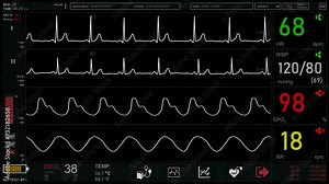 pulse. heart cardiogram Diverse surgeons in AR headsets work in operating room. AI virtual holographic display. 3D graphics of health monitors and human brain. Modern medical facilities.