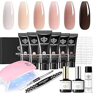 Modelones Poly Extension Gel Kit – 6 Colors Nude Pink Skin Tones Brown Poly Nail Gel Kit with Nail Lamp Complete Kit Nail Thickening Solution DIY at Home