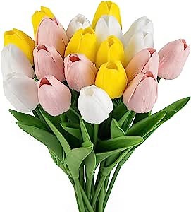 Tulips Artificial Flowers 20pcs Real Touch Tulips Fake PU Tulip Flower Bouquet for Home Wedding Party Office Decor Indoor Outdoor (White+Yellow+Pink)