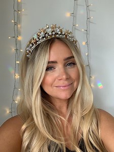 Gold Starfish Charm Princess Tiara. Handcrafted with Pearls, Rhinestone Crystals and Flowers