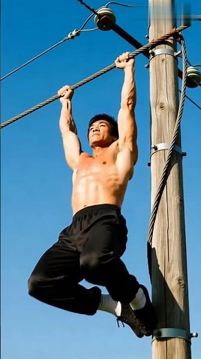 Bruce Lee doing pull-ups using an electric pole wire.