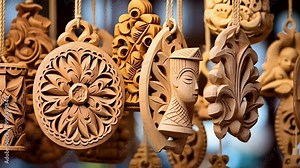 Beautiful wooden christmas ornaments hanging from strings, showcasing intricate craftsmanship. Handmade with care in various shapes and patterns, adding traditional holiday spirit