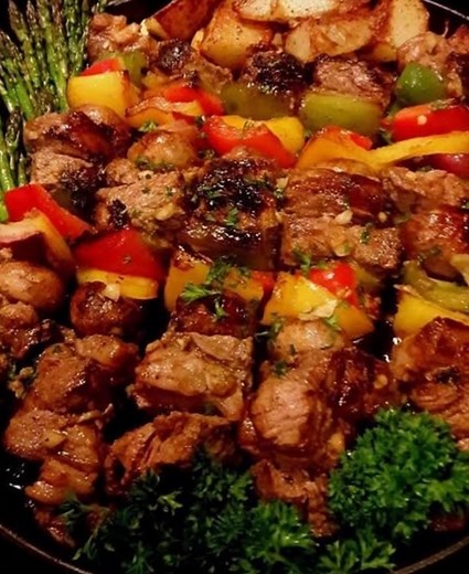 Chicken, Bacon, Pineapple Kebabs 😋😋 Ingredients ( Servings 8 ) 2 lb. Chicken breasts cut into bite sized pieces 1 Pineapple cut into bite sized chunks 2 Red bell peppers cut into large pieces 1 Large onion cut into large pieces 1 lb. Bacon cut in half 1 ½ C. Pineapple juice 2 Tbsp. Cornstarch ½ C. Brown sugar 3 Tbsp. Soy sauce Skewers How To Make Chicken Bacon Pineapple Kebabs: Wrap each piece of pineapple and chicken with a piece of bacon. Thread pieces of the red pepper, onion, bacon-wrapped