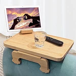 Couch Arm Table, Bamboo Sofa Armrest Tray for Wide Couch, Folding Snack Table with 360° Phone Holder, TV Tray and Side Clip Tables for Home Eating & Drinking (Natural)